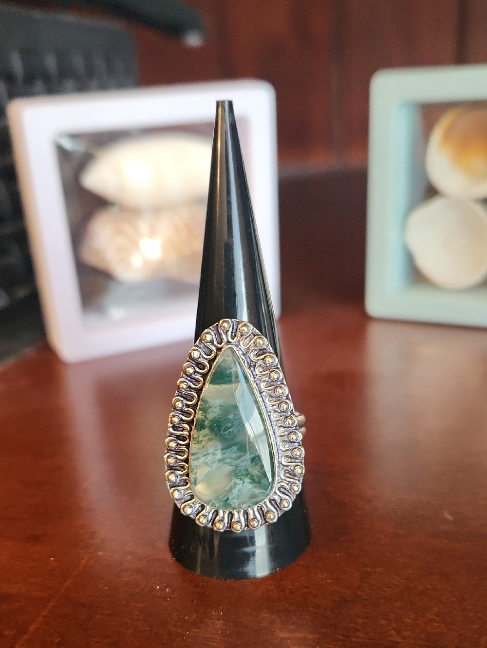 Size 9 Moss Agate Teardrop Ring .925 Sterling Plated Over Brass